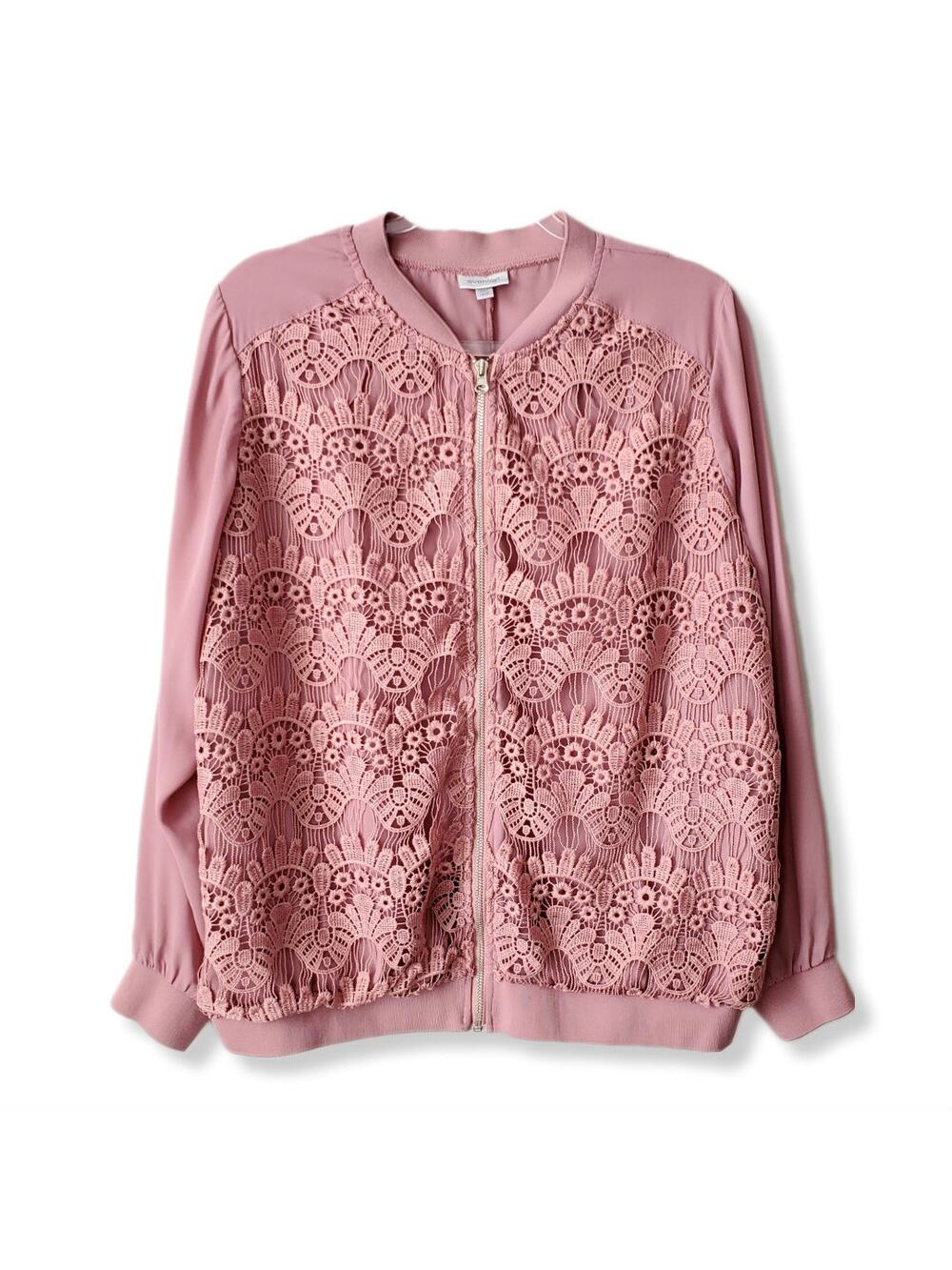 Women Pink Lace Bomber Jacket 1X Cottage Romantic Delicate Coquette Feminine